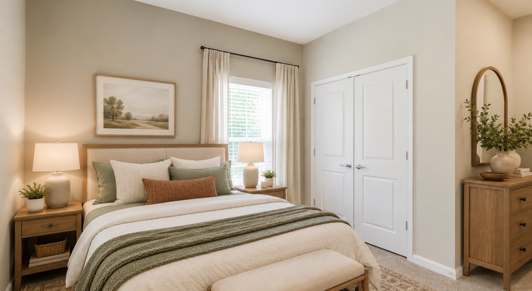 a bedroom with a bed and two nightstands
