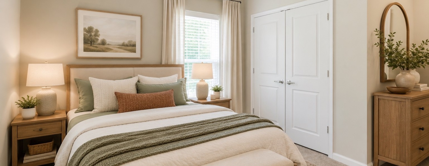 a bedroom with a bed and two nightstands