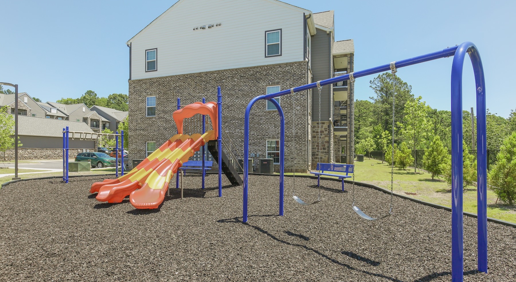 a playground in front of a building